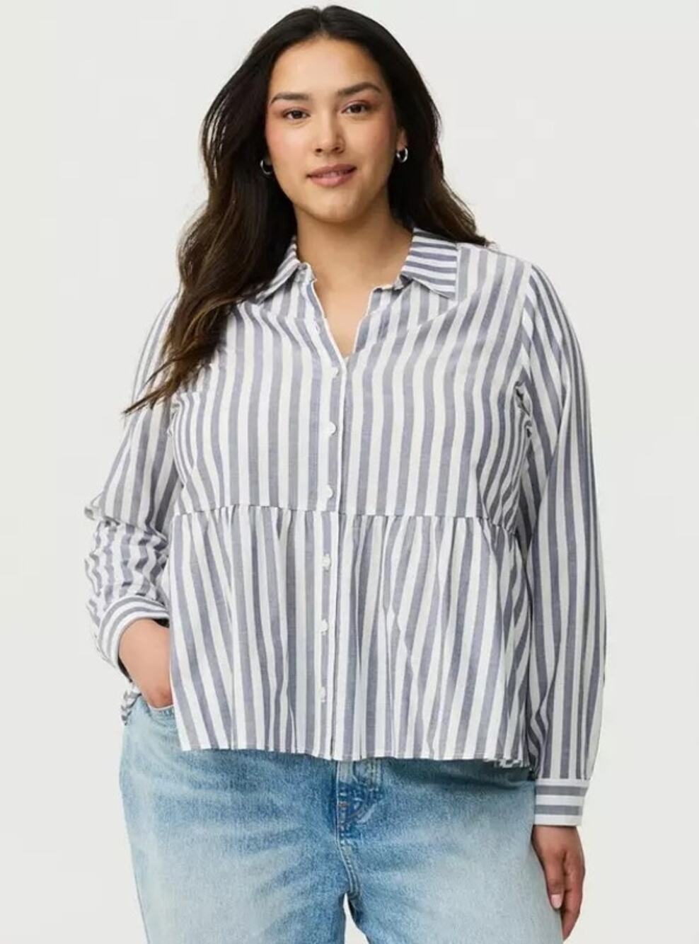 TORRID Sz 3 Button-Down Peplum Shirt Striped Cotton Blend 3XL Blue White